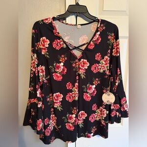 NWT - Misia Floral Blouse with Crisscross V-Neck & flared sleeves